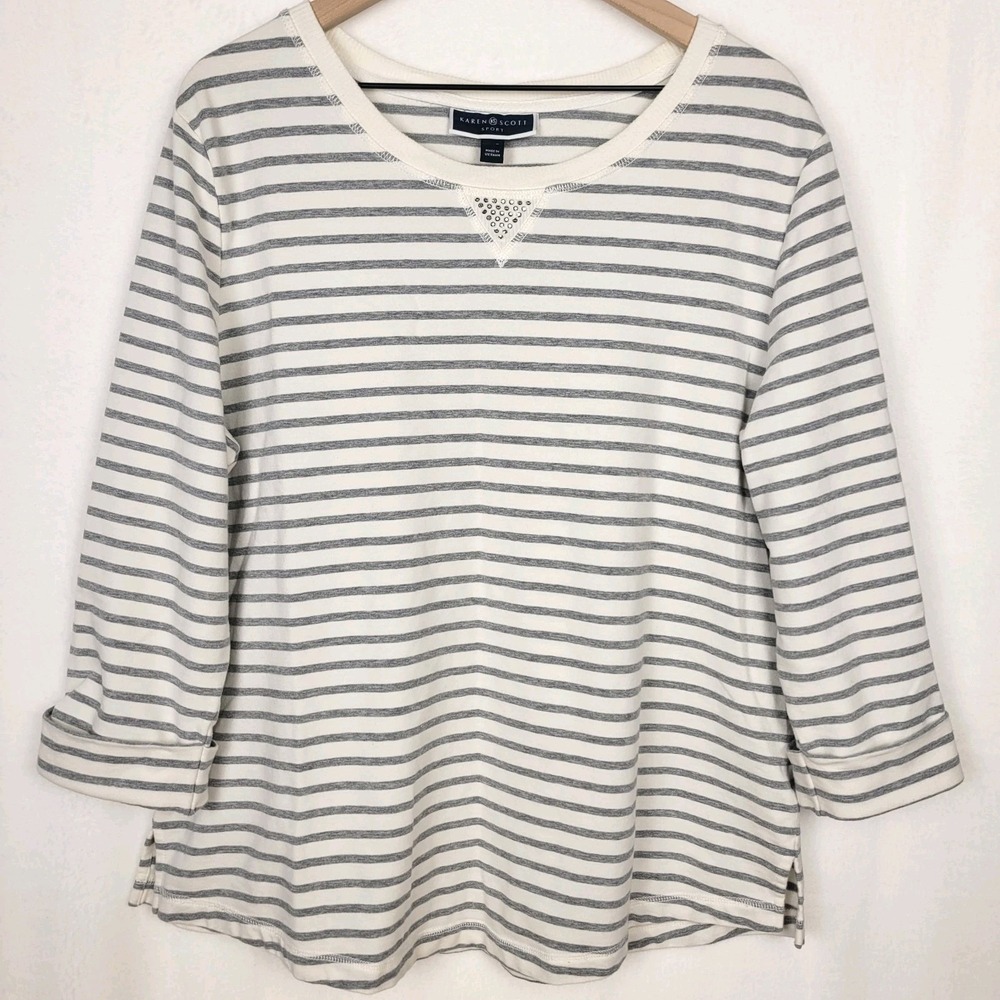 Karen Scott‎ Sport Womens XXL Striped Top Rhinestone Neck Gray White Casual